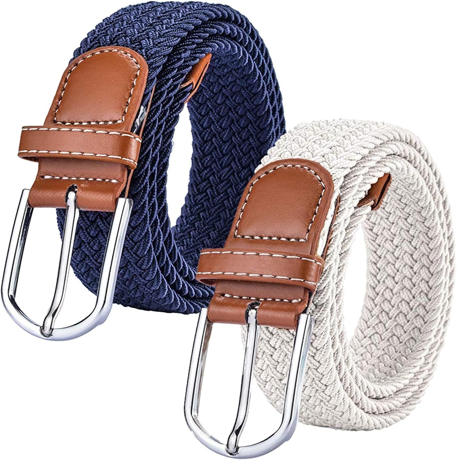 (2 Pack) Womens Stretch Canvas Braided Belt - Ladies Belts for Jeans, One Size, Navy & White