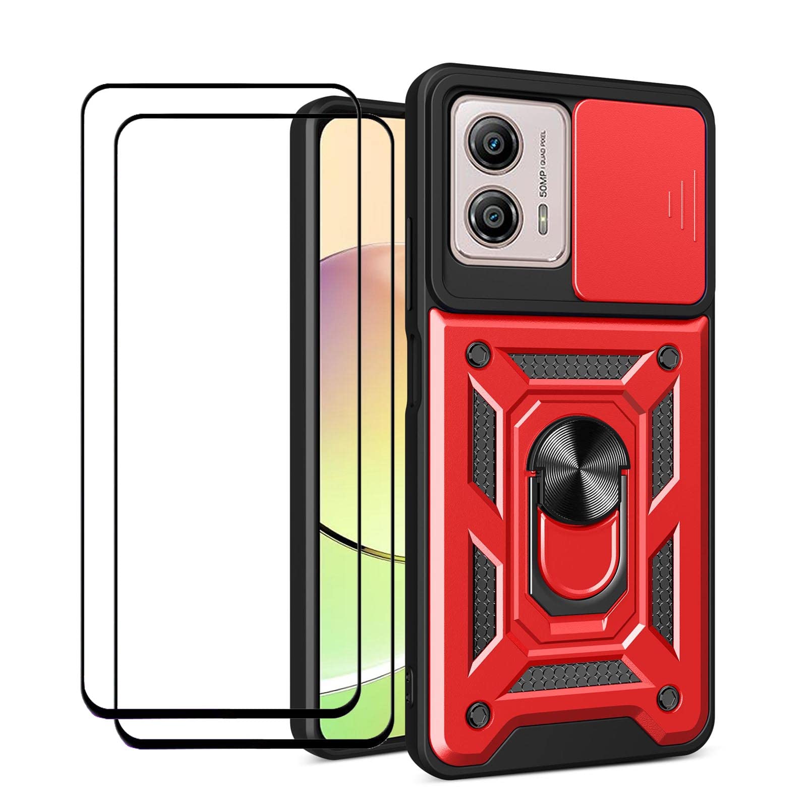 MMlife for Motorola Moto G53 5G / Moto G23 / Moto G13 Case with Camera Cover and Stand Kickstand Ring with Tempered Glass Screen Protector [2 pieces],Military Grade Shockproof Protective Cover, Red