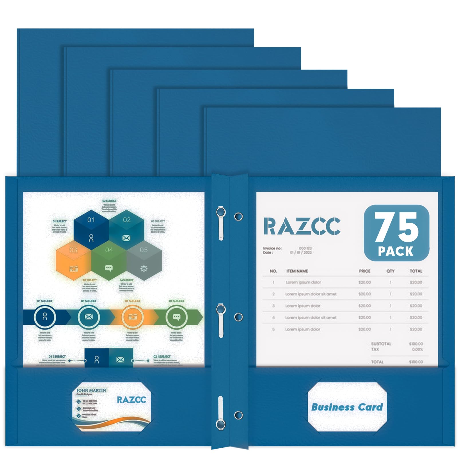 Photo 1 of Two Pocket Folders, RAZCC 75 Pack Two Pocket Folders with Prongs, 3 Prong Folders Fit Letter Size Paper, Pocket File Folders for School Office Home Business, Dark Blue