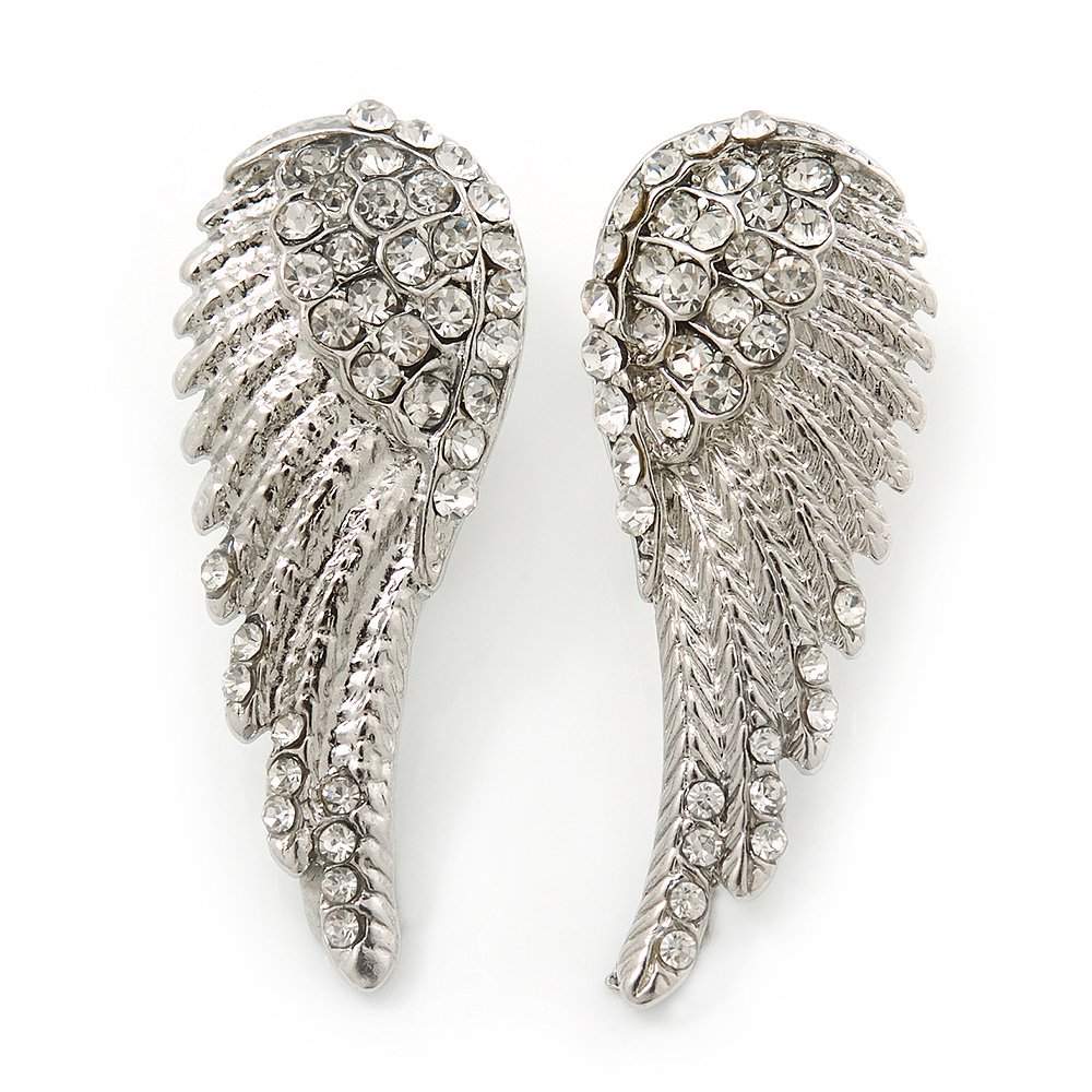 Diamante 'Angel Wings' Stud Earrings In Silver Tone Metal - 40mm Length