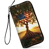 GFRGTFHYT Womens Wallet, Large Capacity PU Leather RFID Blocking Wristlet Wallets American USA Flag Tree Design for Women Ladies Men Credit Card Holder Zipper Wallet Phone Holder Clutch Travel Purse