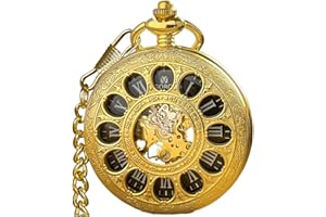 VIGOROSO Vintage Hand Wind Up Pocket Watches for Men, Mechanical Pocket Watch with Chain, Mens Skeleton Pocketwatch