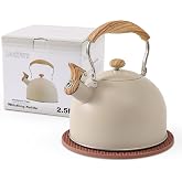 LONFFERY Tea Kettle for Stove Top | 2.5 Quart Whistling Tea Kettle, with Food Grade Stainless Steel and Wood Pattern Folding Handle, Creamy White