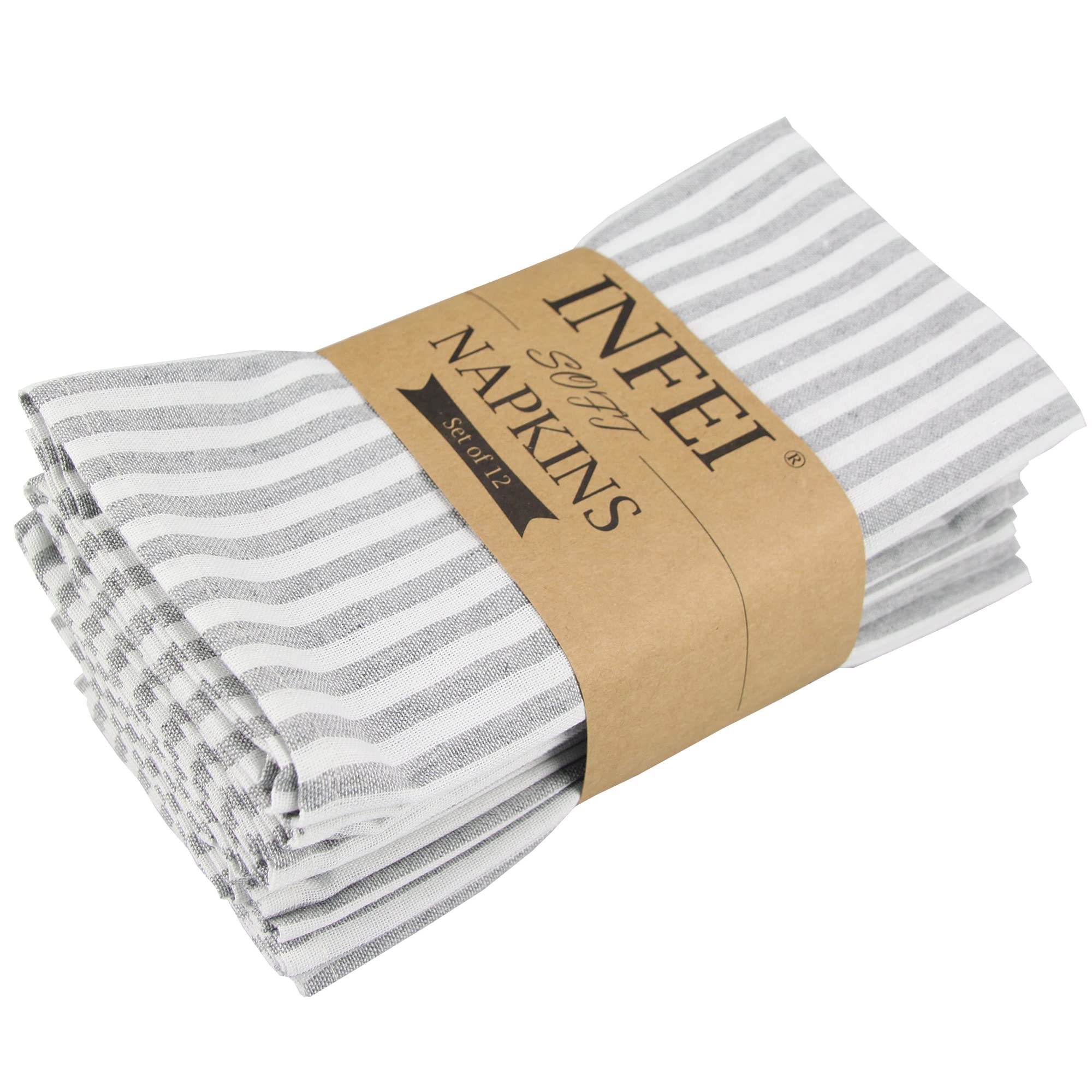 Plain Striped Cotton Linen Blended Dinner Cloth Napkins - Set of 12 (40 x 30 cm) - for Events & Home Use (Grey)