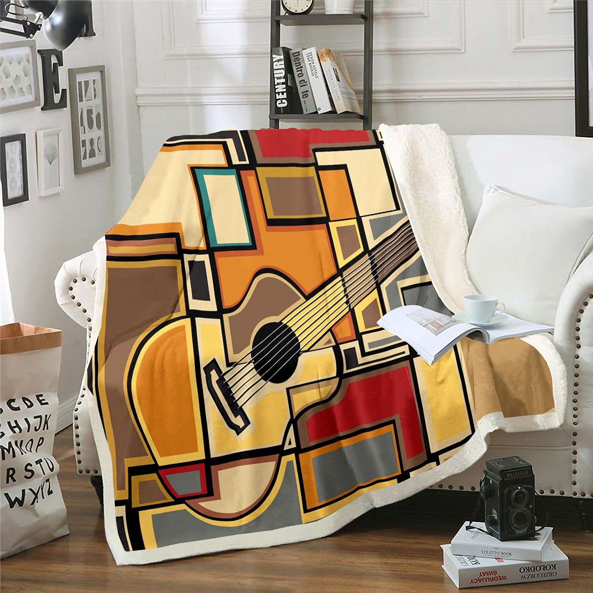 Homemissing Guitar Sherpa Blanket Guitar Music Theme Fleece Throw Blanket Vintage Fuzzy For Sofa Bed,Single 50x60 Inch