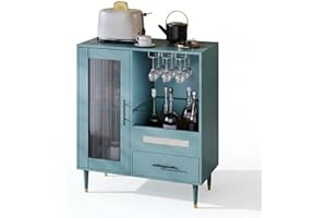 Modern Wine Bar Cabinet, 30.7 Inch Freestanding Buffet Sideboard with Tempered Glass Door & Stemware Rack, Bar Storage Cabine