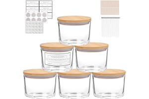 CONNOO 6-Pack 16 oz Candle Jars - 3-Wick Clear Empty Glass Wide Mouth Candle Jars Come with Bamboo Lids, Sticky Warning Labels, and a Candle Wick Kit for Candle Making - Dishwasher Safe