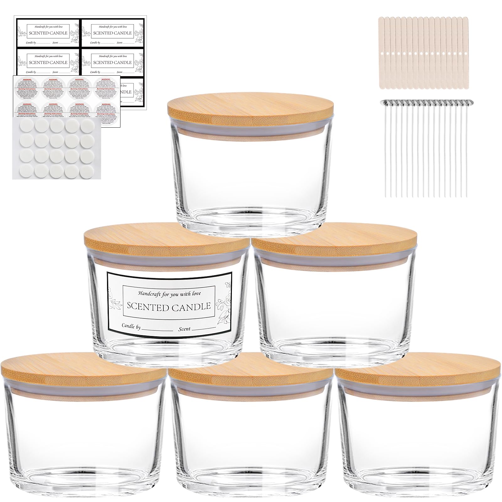 Photo 1 of **4 pcs**CONNOO 6-Pack 16 oz Candle Jars - 3-Wick Clear Empty Glass Wide Mouth Candle Jars Come with Bamboo Lids, Sticky Warning Labels, and a Candle Wick Kit for Candle Making - Dishwasher Safe