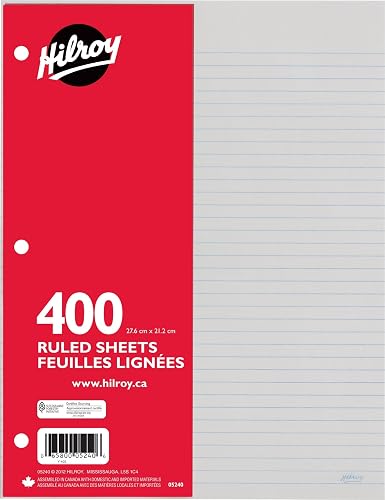 Hilroy Refill Paper, 8-3/8" x 10-7/8", 400 Sheets, White (05240) | College Ruled, 3-Hole Punched