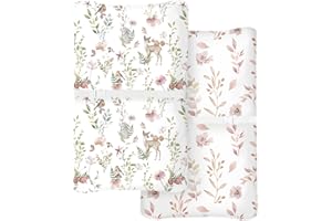WOODIVILLE Changing Pad Cover for Baby Boys Girls 2 Pack, Fits Standard 32”×16” Changing Table Pads, Silky Breathable Stretch Knit, Machine Washable (Floral Fawn)