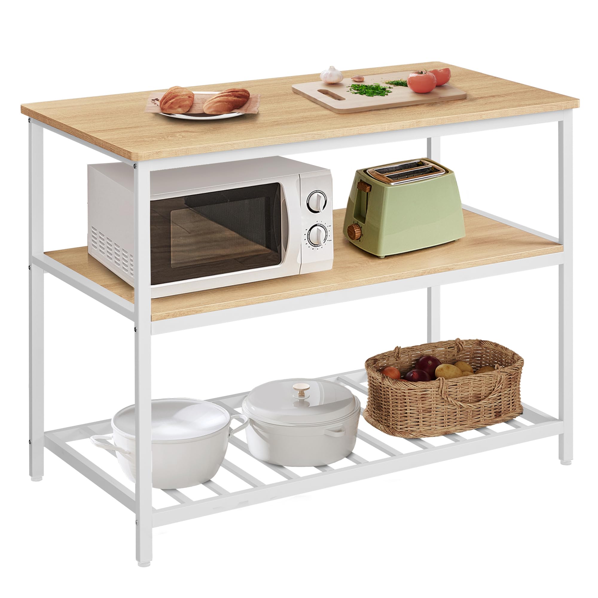 Photo 1 of VASAGLE Kitchen Island with 3 Shelves, 47.2 Inches Width Kitchen Shelf with Large Worktop, Stable Steel Structure, Industrial, Easy to Assemble, Oak Color and White UKKI001W09