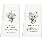 BASGIATH WAR COLLEGE Christian Kitchen Towels Set of 2, 16x24 Inch Waffle Scripture Hand Towels, Bible Verse Dish Towel with Floral Design, Inspirational Gifts for Women, Housewarming or Christmas