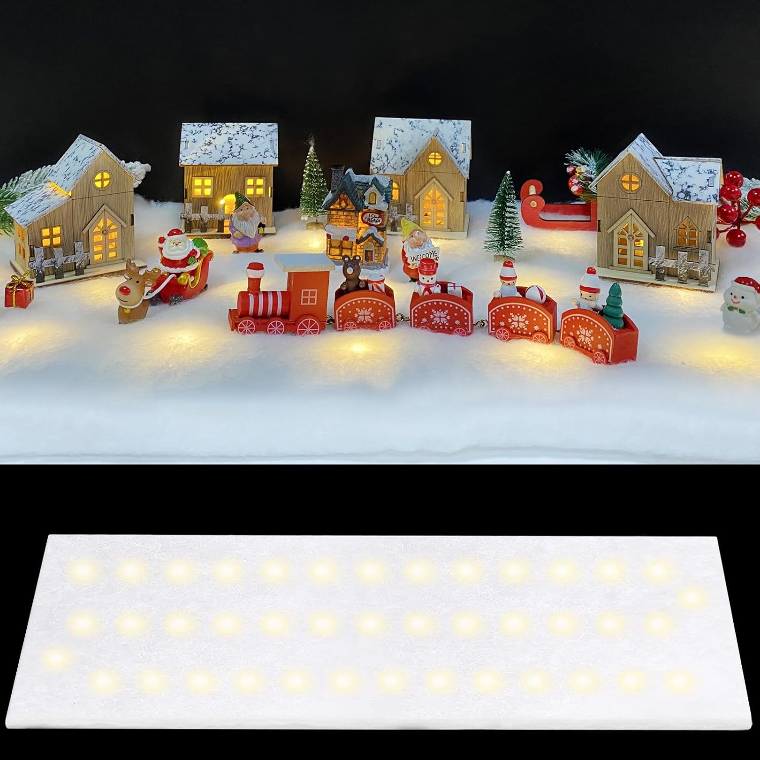 Artificial Snow - Christmas Snow Blanket with Lights, 1.3*5.25 Ft Fake Snow Blanket Roll for Xmas Village, 50 pcs Led Lights Artificial Snow Table Runner Faux Snow Sheet for Winter Village Display Craft (Warm Light)