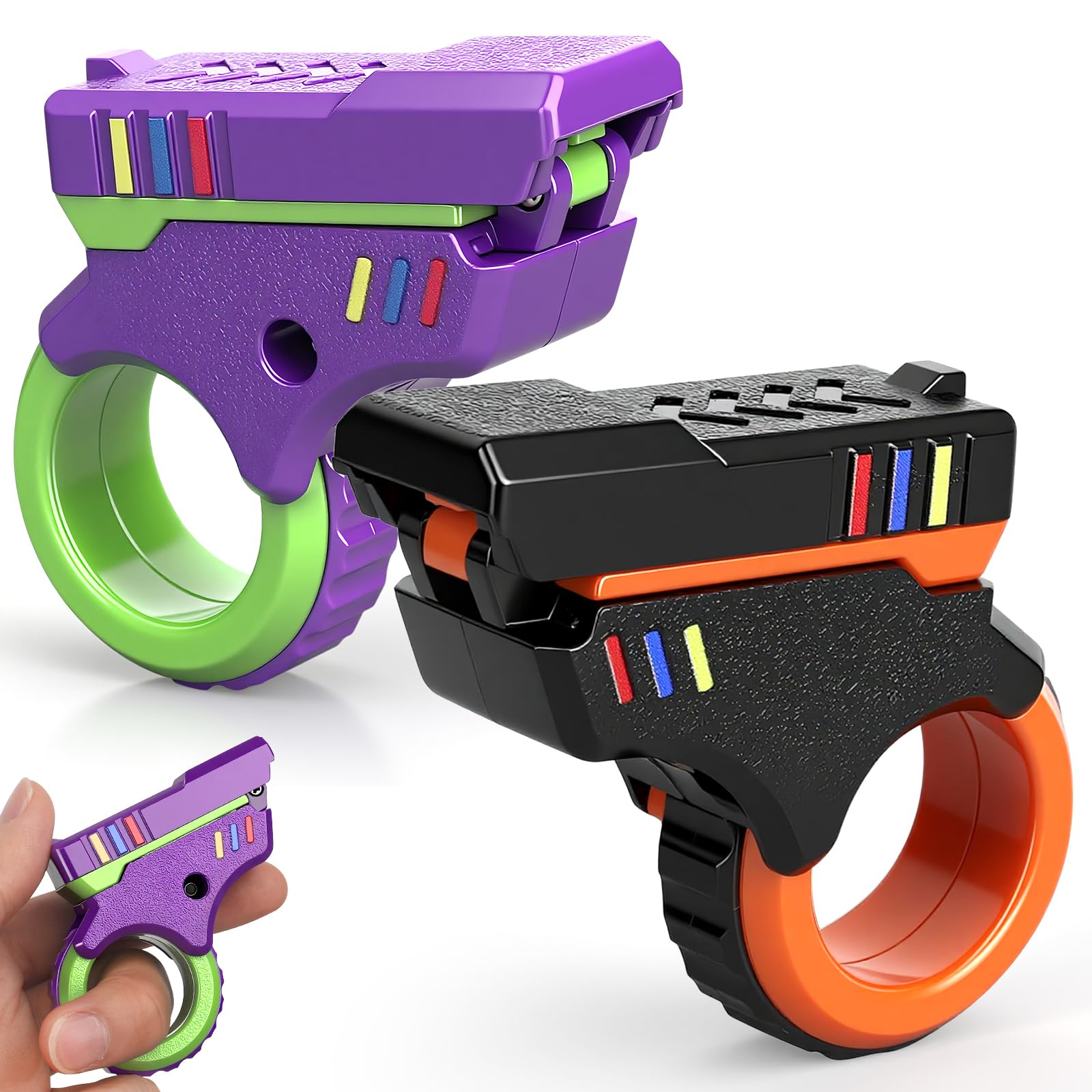 3D Printed Fidget Gun Slider Ring Toy Finger Clicker Hand Roller Sensory Fingertip Pistol Textured Spinner Flip for Stress Anxiety Pressure Relief Stocking Stuffer Gift (Orange/Purple, Plastic)