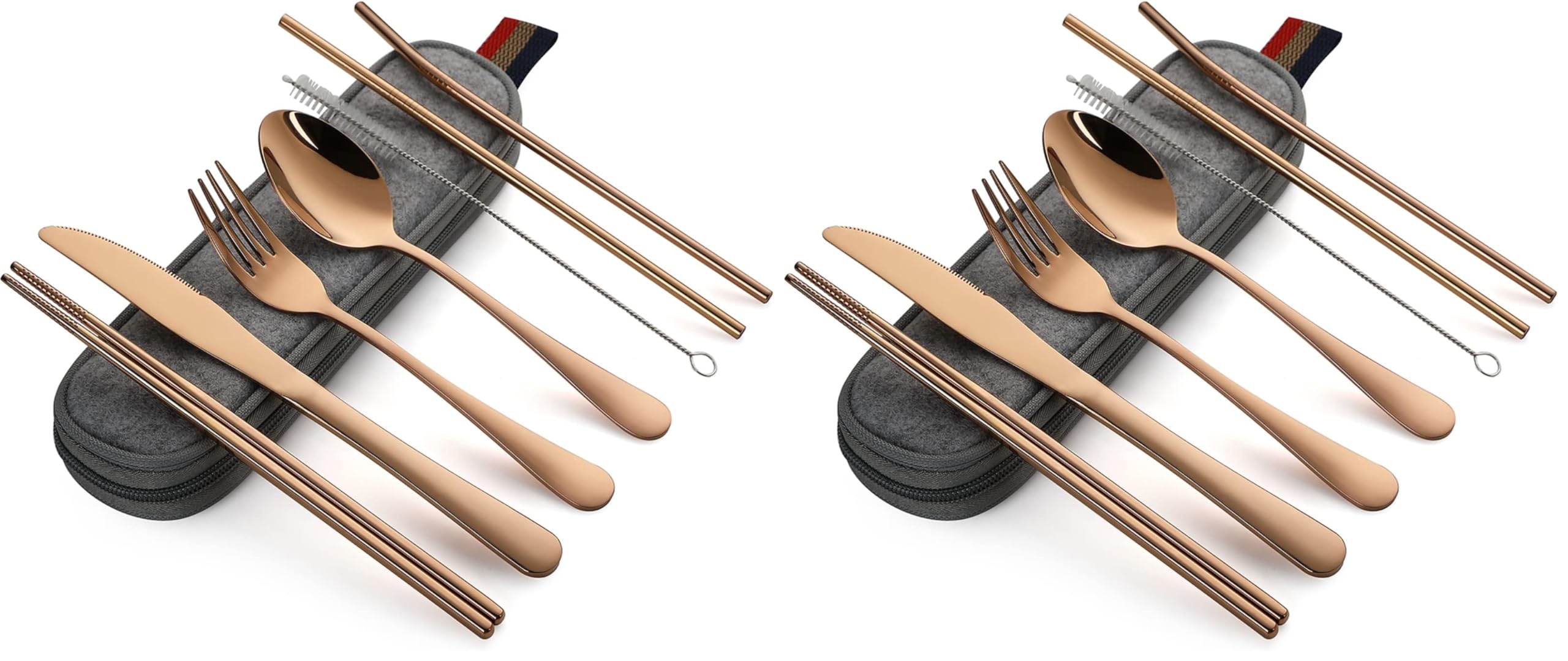 DEVICO Portable Utensils, Travel Camping Cutlery Set, 8-Piece including Knife Fork Spoon Chopsticks Cleaning Brush Straws Portable Case, Stainless Steel Flatware set (Rose Gold) (Pack of 2) Image