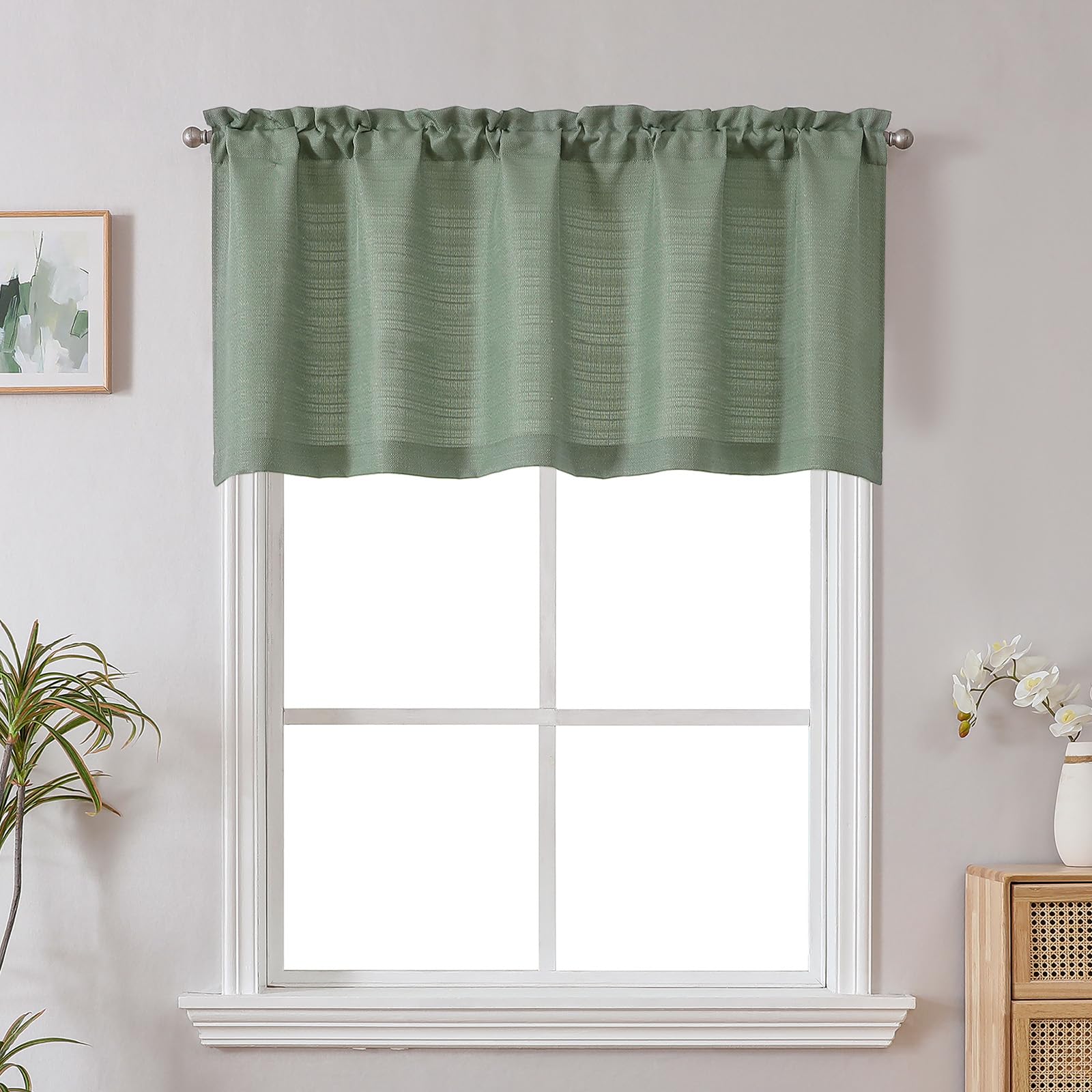 Chyhomenyc Sage Green Short Curtain Valance for Windows, Faux Linen Textured Half Window Curtains, Burlap Solid Topper Small Curtain Valance for Bathroom Laundry Basement, 60Wx24L Inch, 1 Piece