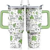 40oz St Patricks Day Tumbler with Handle and Straw, Irish Shamrocks Green Stainless Steel Vacuum Insulated Cup, Travel Mug Water Bottle, Gifts for Women Men