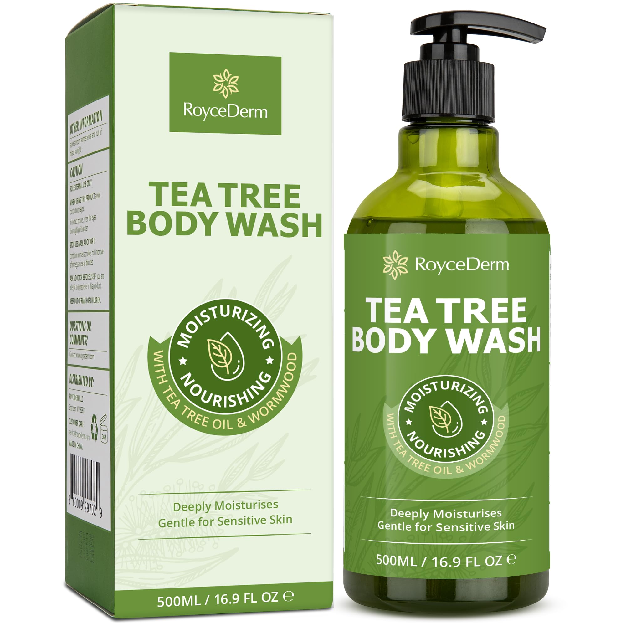 RoyceDerm Tea Tree Body Wash & Soap: Skin Care for Body Odor, Back Acne, Folliculitis, Tinea Versicolor, Jock Itch, Athlete’s Foot, and Ringworm - Gentle Cleansing with tea tree oil for Men & Women