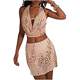 MakeMeChic Women's Sequin Skirt Sets Glitter Draped Halter Mesh Top and Mini Skirts 2 Piece Beach Vacation Outfits