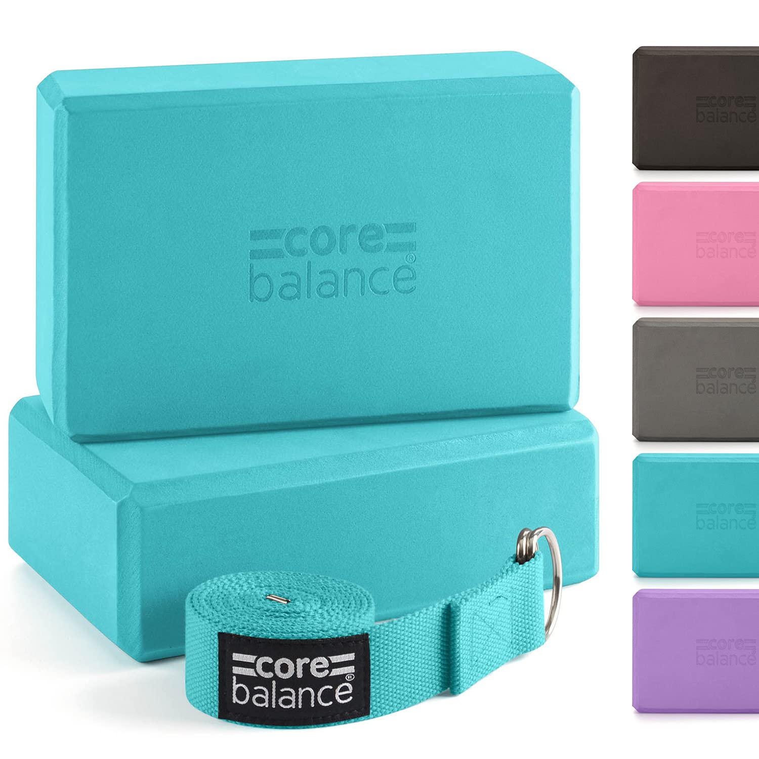Core Balance Yoga Blocks Set Of 2 High Density EVA Foam with Adjustable Metal D Ring Cotton Strap (Teal)
