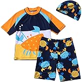 YAGATA Toddler Swimsuit Boy 3 Piece Boys Swim Set Short Sleeve Boys Swim Shirt Boy Swim Trunks Rash Guard Bathing Suits