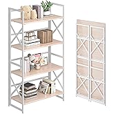 4NM 4 Tiers No Assembly Book Shelves, 41.3" H Folding Bookshelf Bookcase Open Industrial Foldable Shelves for Bedroom, Living Room, Home Office - Natural White