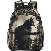 Black Cat Backpack Gifts for Girls Boys Kids Teens, Travel Backpacks Laptop Rucksack, Bookbag, Gothic Vintage Rose Frame Cat Art Back Pack Accessories Bags for School, Work, Outdoor Adventures