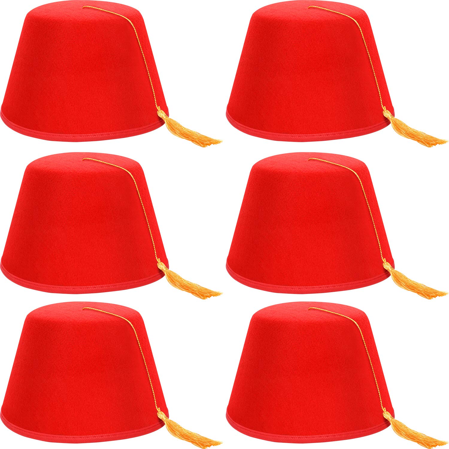 SATINIOR 6 Packs Red Fez Hat Turkish Hat Shriner Fez Hats with Silky Tassel (Golden Silky Tassel)