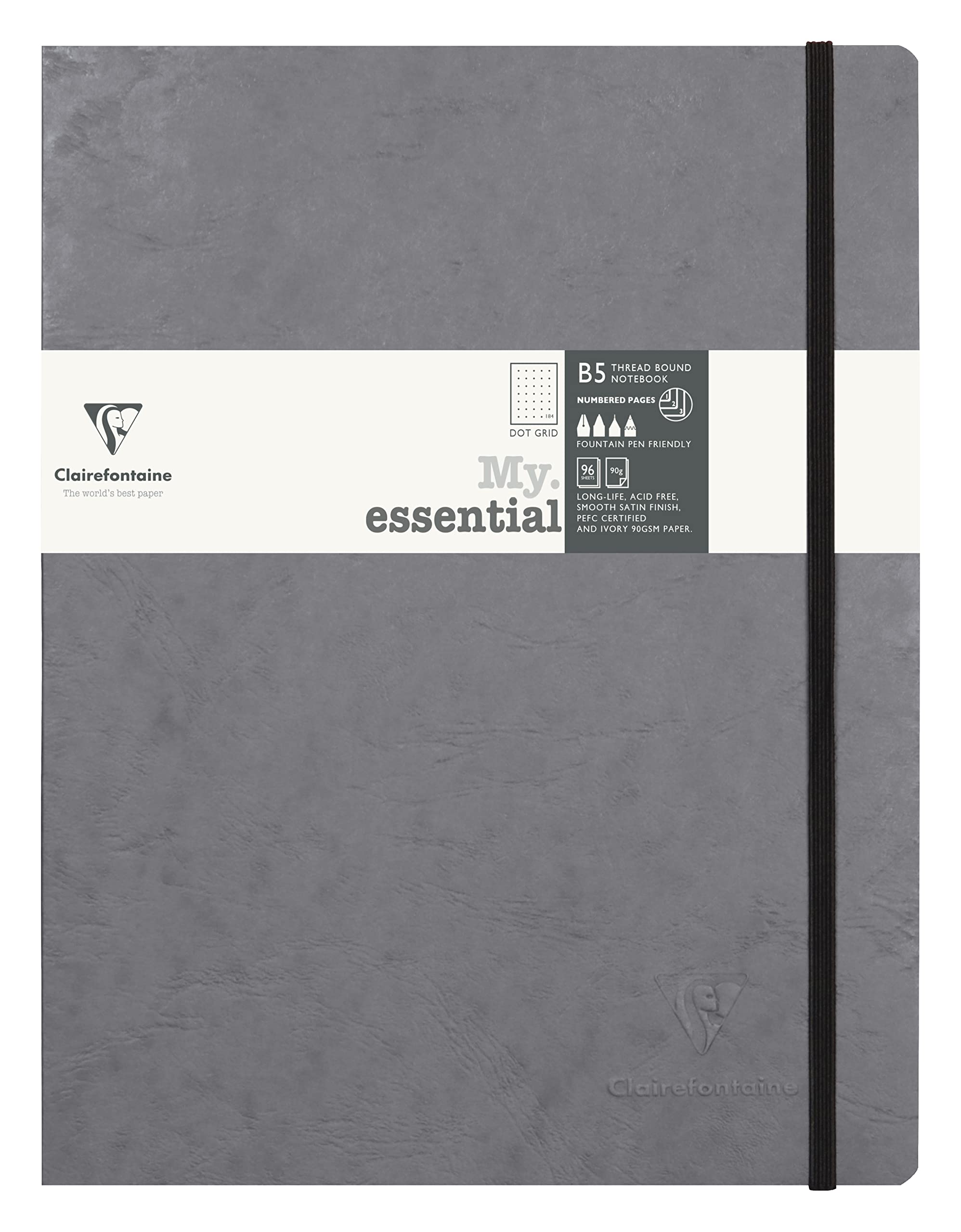 Clairefontaine 794435C Collection Age Bag Stitched MyEssential Elastic Notebook Grey - B5 19x25cm - 192 DOT Numbered Pages - Paper Ivory 90g - Leather Cover