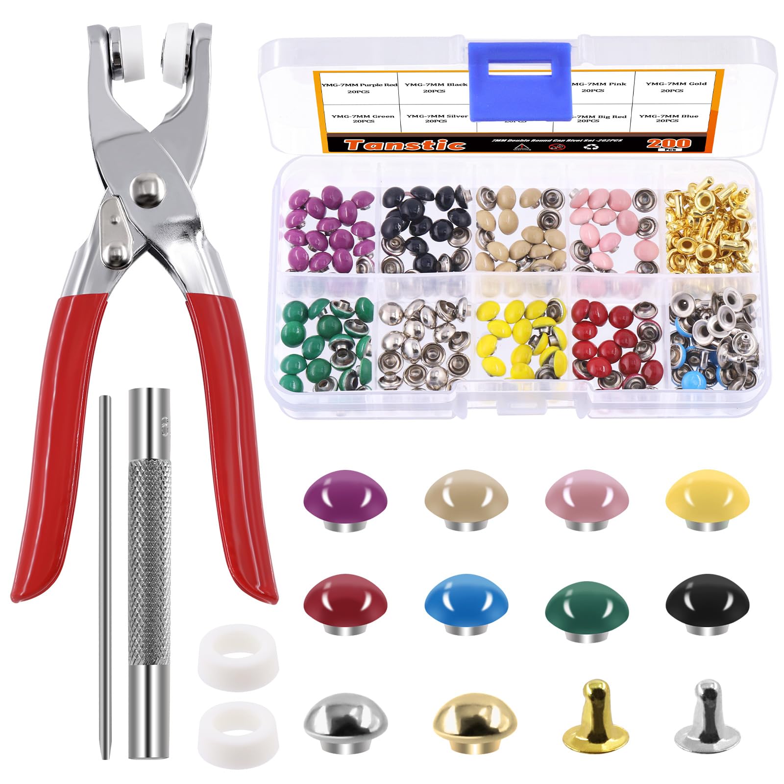Tanstic 405Pcs(200 Sets) 7mm Double Round Cap Leather Rivets, 10 Colors Double Cap Rivet Tubular Metal Studs with Fixing Tools for DIY Leather Craft Clothes Bags Belts Shoes Decoration
