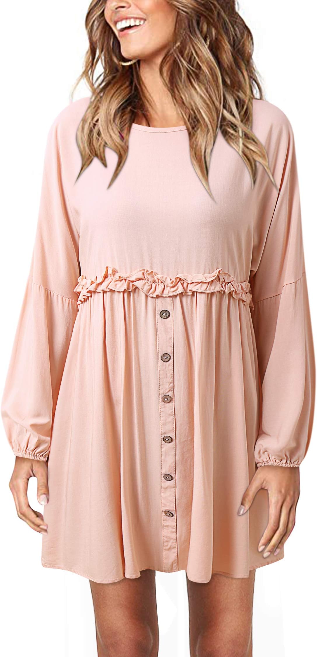 Women's Casual Loose Ruffles Tunic Top Dresses Long Sleeve A Line Swing Mini Dress