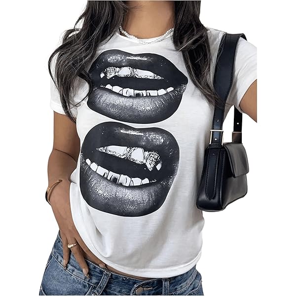 Floerns Women's Y2k Lips Print Short Sleeve Crop Tops Crew Neck