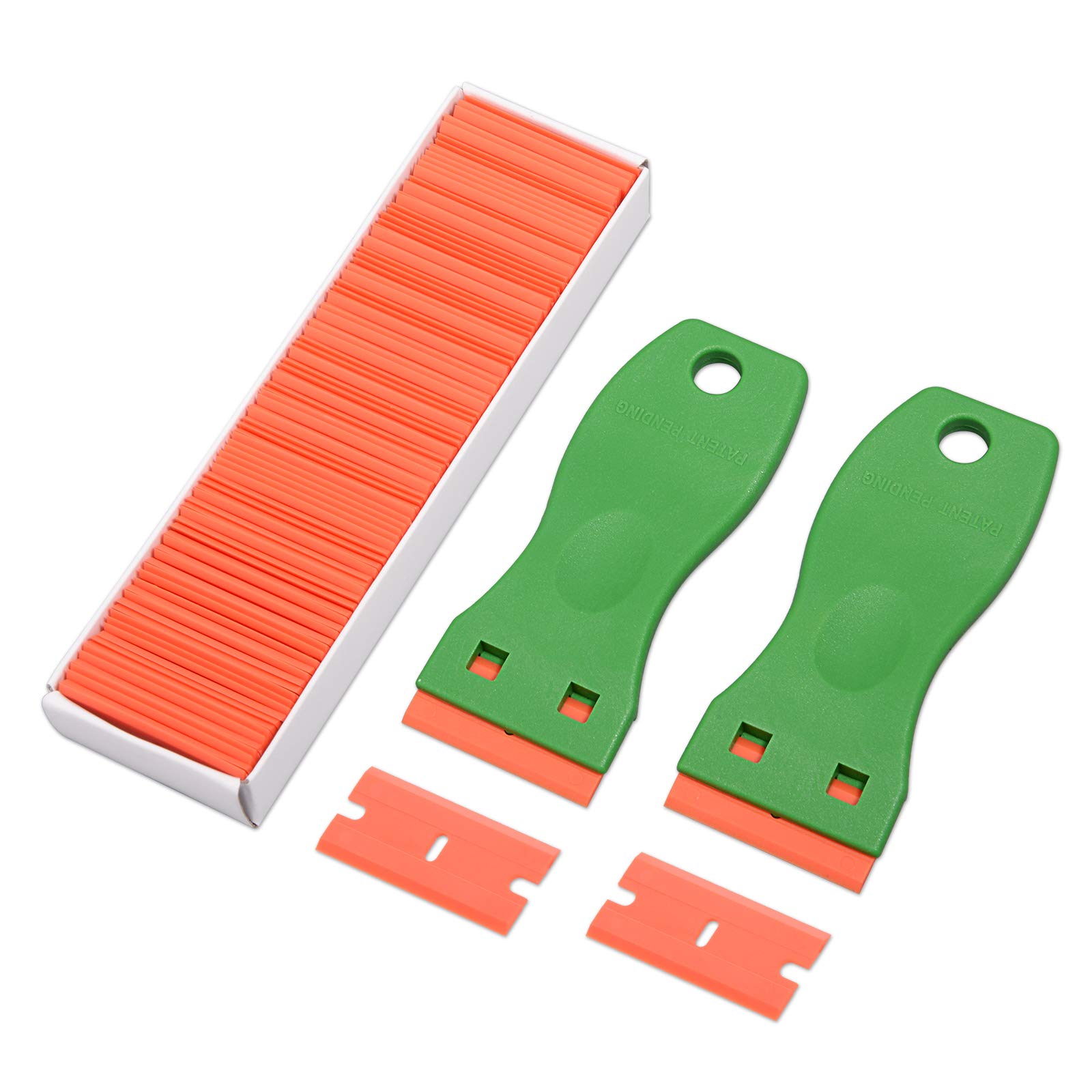 FOSHIO Pack of 2 Plastic Scrapers with 100 Plastic Blades, Plastic Scraper for Vinyl Sticker Remove Glass and Window, Adhesive Residue Remover Green