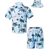 TUNEVUSE Little & Big Boys Hawaiian Button Down Shirts and Short Sets with Bucket Hat Summer Outfits Printed Kids Cabana Set
