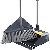 Broom and Dustpan Set for Home with 52 Inch Long Angled Handle - Stand Up Dustpan No Warping Metal Edge, Ergonomic Sweeping, 4 Layer Bristles and Hair Cleaning Teeth for Kitchen Office