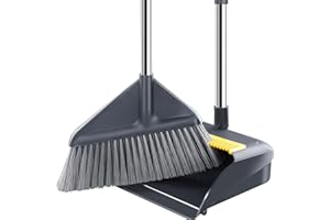 FUNEST Broom and Dustpan Set for Home with 52 Inch Long Angled Handle - Stand Up Dustpan No Warping Metal Edge, Ergonomic Sweeping, 4 Layer Bristles and Hair Cleaning Teeth for Kitchen Office