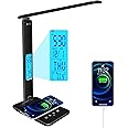 snsok Desk Lamp with Wireless Charger, USB Charging Port, Dimmable Office Desk Light with Clock, Alarm, Date, Temperature, Foldable Lamp for Table Bedroom Bedside Office (Black)