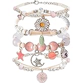 DS 4PCS Beaded Charm Bracelets for Teen Girls Dainty cute cartoon Crystal Beads Pearl Bracelets anklets set for woman and girls Adjustable Stretch bracelet birthday Gift For Friends