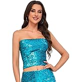 Women's Sparkly Sequin Tube Top, Strapless Stretchy Sleeveless Crop Top Metallic Clubwear for Party Night Out Halloween
