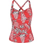 Hilor Women's Tankini Tops Shirred Tummy Control Swimsuits Cross Back Tankini Swimwear Tops