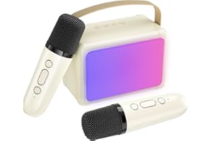 SUDOTACK Mini Karaoke Machine, Portable Bluetooth Speaker with 2 Wireless Microphone for Kids and Adults with Led Lights, Gifts for Girls and Boys Birthday Home Party(Beige)