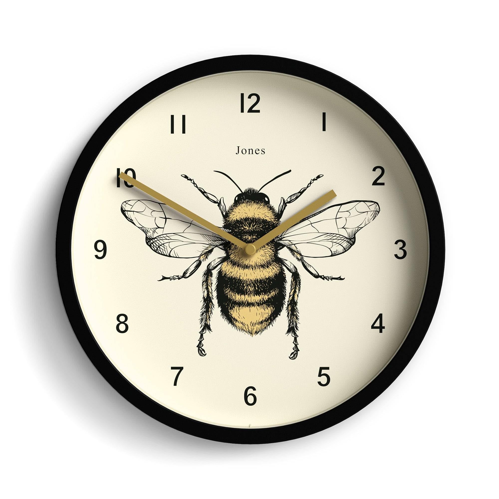 Jones Clocks® Bee wall clock | Small modern clock with honeybee illustration | 25cm | Black | Decorative design for kitchen, living room, bedroom or office