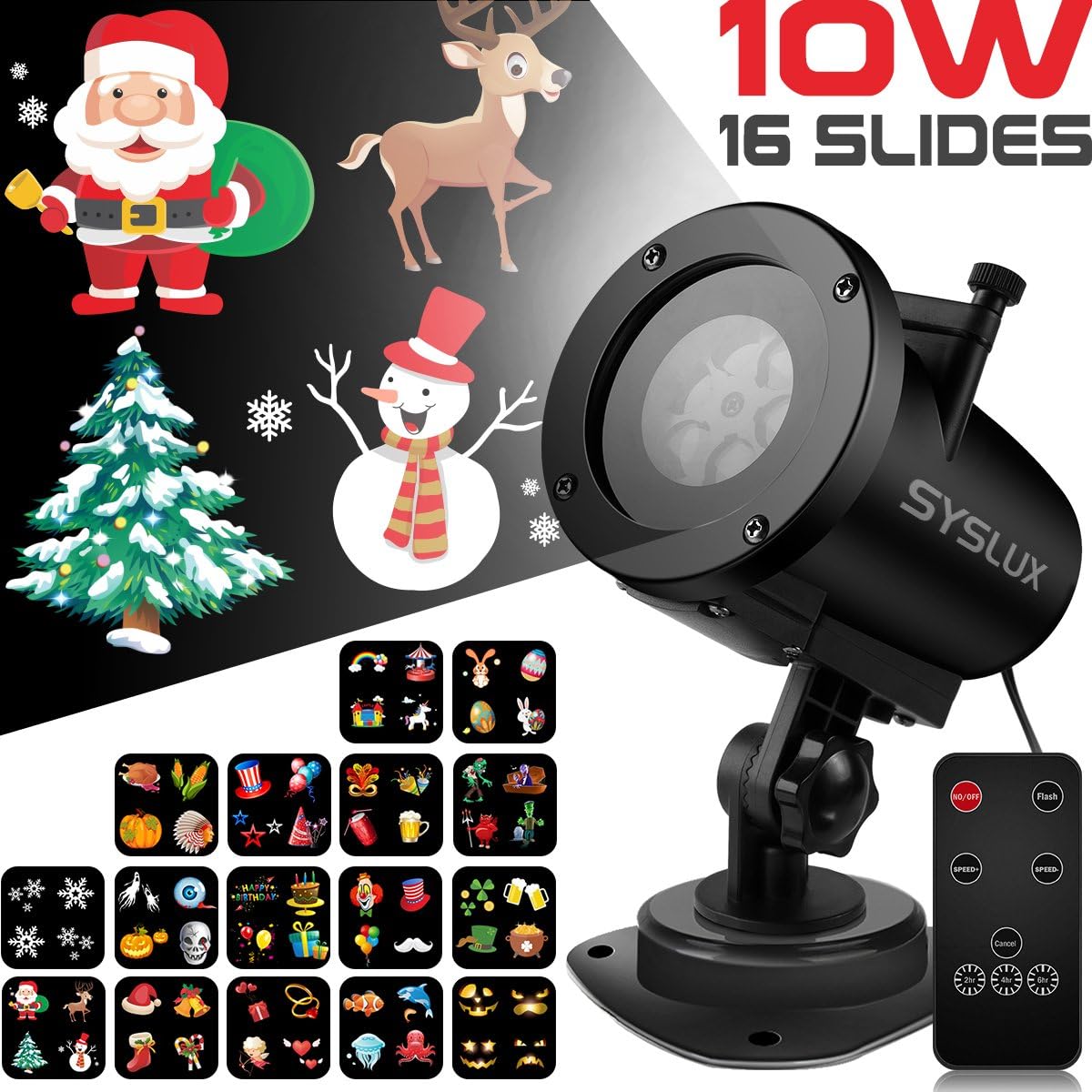 Syslux Christmas Projector Light, 16 Exclusive Design Slides 10W IP65 Waterproof Landscape Motion Projector Lights with Remote Control, 32ft Power Cable for Decoration Lighting on Holiday Party
