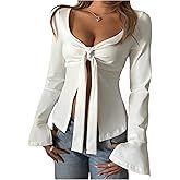 Floerns Women's Cute Tie Front Tee Shirts Deep V Neck Flare Sleeve Y2k Tee Tops