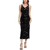 OVRUNS Women Sequin Dress Sleeveless V Neck A Line V Back with Liner Sparkly Evening Party Glitter Cocktail Formal Midi Dress