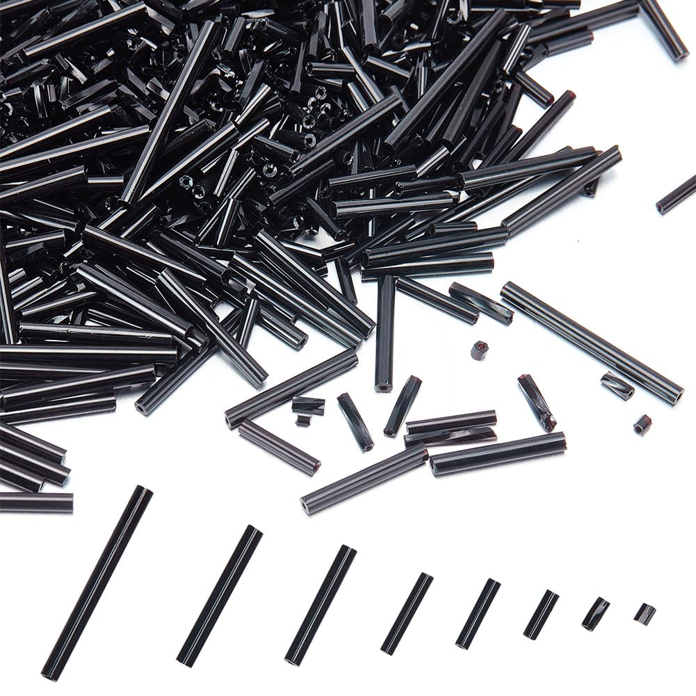 HOBBIESAY 1176Pcs 6 Sizes Tube Beads Glass Bugle Beads Black Bugle Seed Beads Mixed Size Tube Seed Beads Craft Beads Assortment Beads for DIY Decoration Carfts Hole: 0.5-1mm