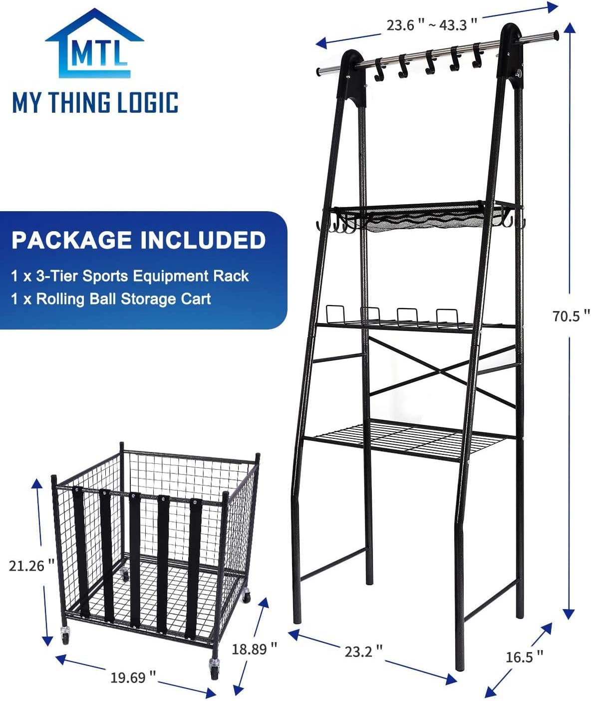 Mythinglogic Sports Equipment Garage Organizer, Rolling Ball Garage Storage, Sports Gear Storage for Kids, Adjustable Rob Sports Storage, Sports Organization with Hooks,Ball Equipment Racks: Sports & Outdoors