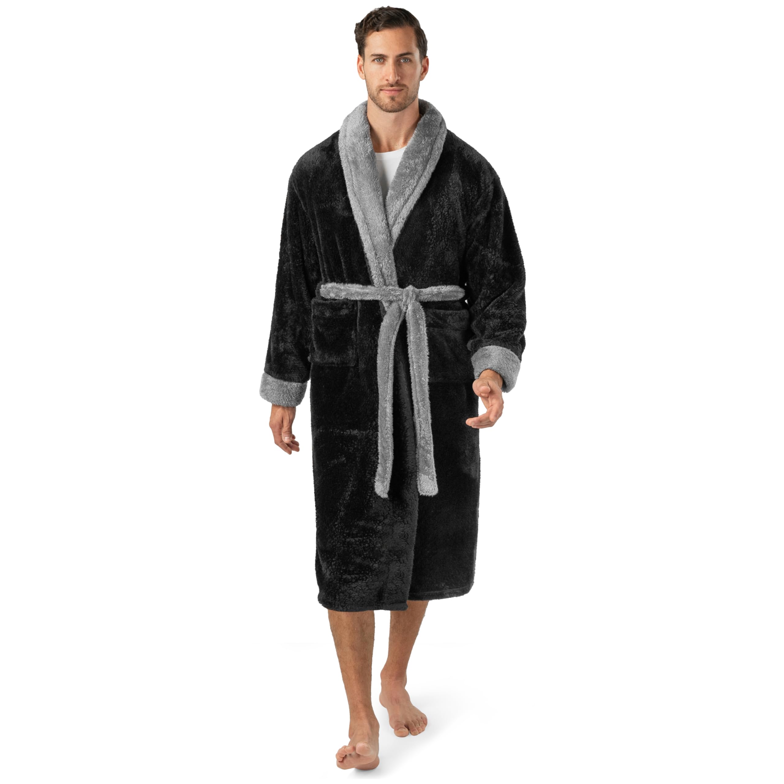 Photo 1 of PAVILIA Mens Soft Robe, Plush Fluffy Fleece Bathrobe for Men, Long Sherpa Spa Robe with Shawl Collar (Two-Tone Black)