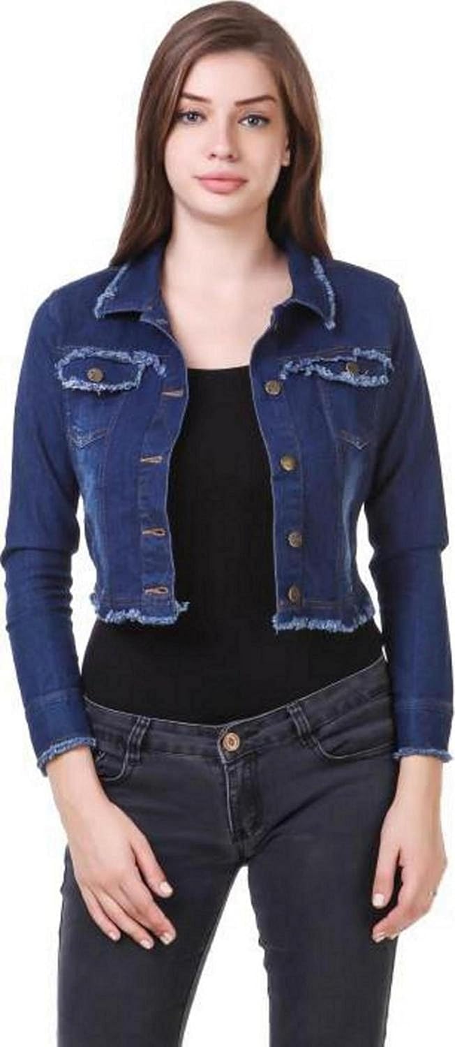 g.s.a enterprises denim solid dark blue 3/4 sleeves regular collar women jacket