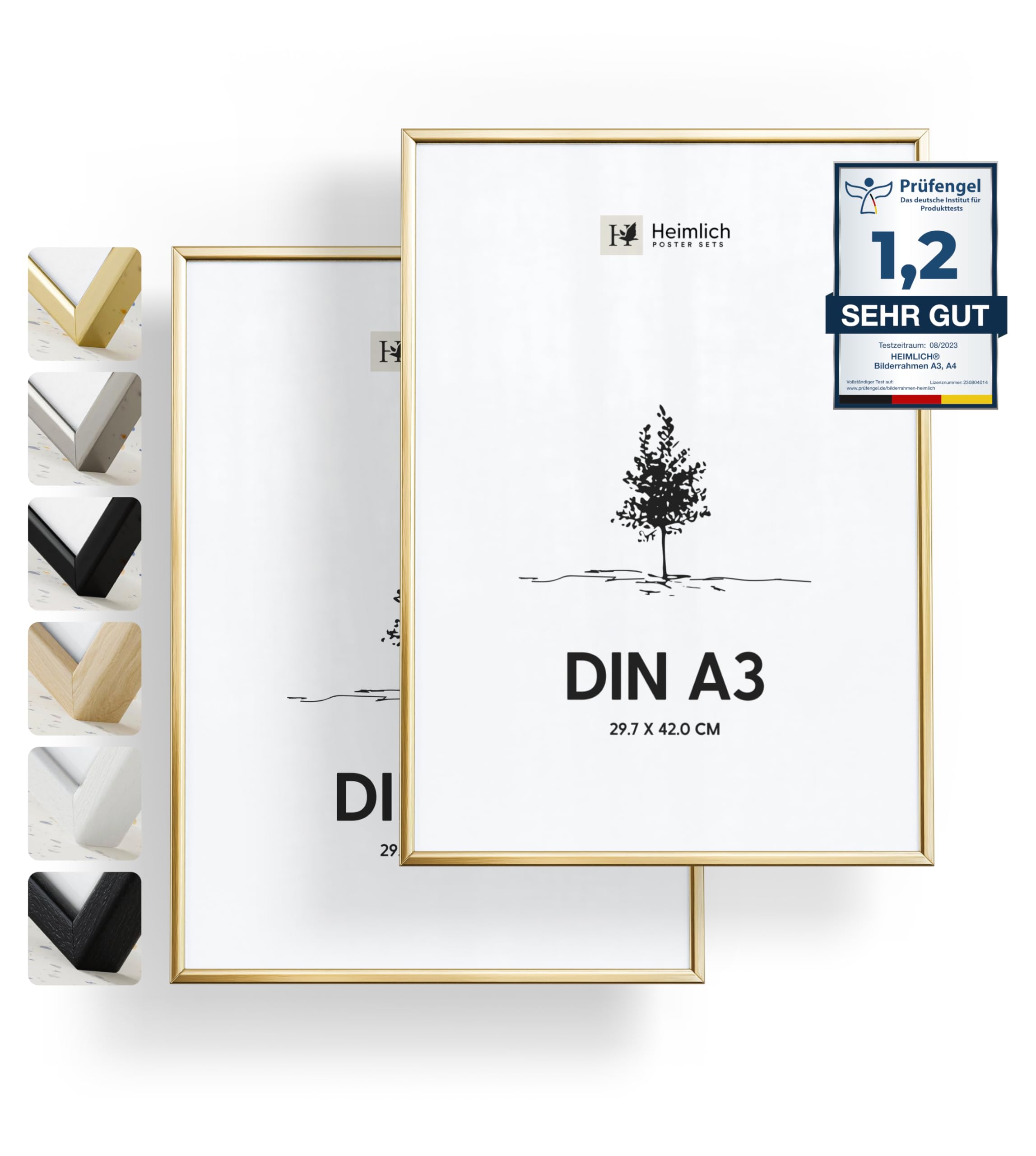 Heimlich double pack (2 pcs.) Picture Frames Aluminium - with Shatterproof Acryl Glass - DIN A3 (29,7x42cm), Alu Gold